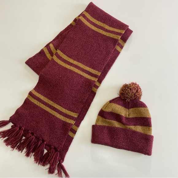 Wizarding World Of Harry Potter Other - Harry Potter Maroon and Gold Striped Knit Scarf & Pom Beanie Set, Gryffindor